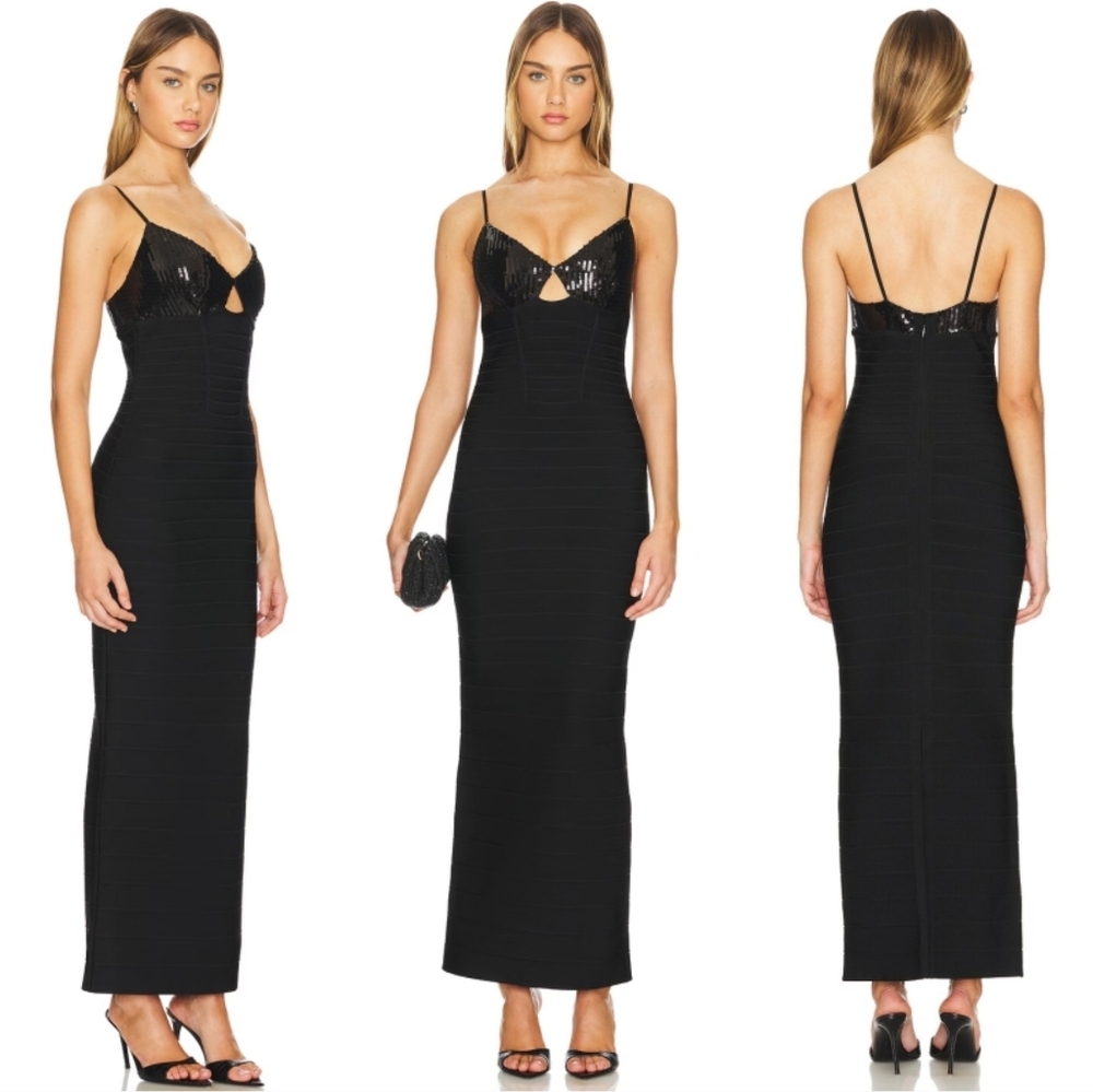 New Herve Leger Salma Sequin Black Gown Dress Small NWT